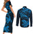 New Zealand Tuatara Tribal Tattoo Couples Matching Short Sleeve Bodycon Dress and Long Sleeve Button Shirt Silver Fern and Maori Pattern Blue Color