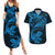 New Zealand Tuatara Tribal Tattoo Couples Matching Summer Maxi Dress and Hawaiian Shirt Silver Fern and Maori Pattern Blue Color