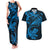 New Zealand Tuatara Tribal Tattoo Couples Matching Tank Maxi Dress and Hawaiian Shirt Silver Fern and Maori Pattern Blue Color