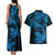 New Zealand Tuatara Tribal Tattoo Couples Matching Tank Maxi Dress and Hawaiian Shirt Silver Fern and Maori Pattern Blue Color