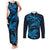 New Zealand Tuatara Tribal Tattoo Couples Matching Tank Maxi Dress and Long Sleeve Button Shirt Silver Fern and Maori Pattern Blue Color