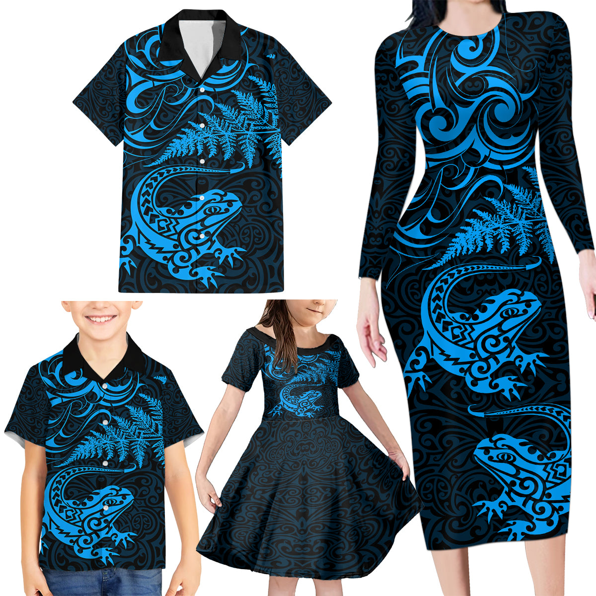 New Zealand Tuatara Tribal Tattoo Family Matching Long Sleeve Bodycon Dress and Hawaiian Shirt Silver Fern and Maori Pattern Blue Color