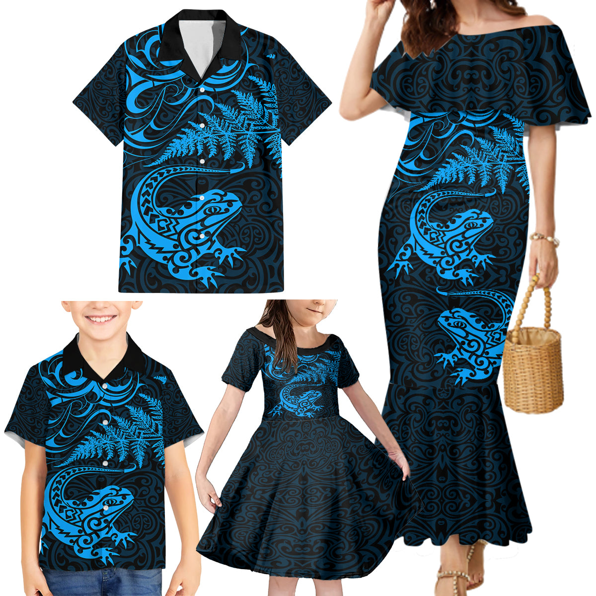 New Zealand Tuatara Tribal Tattoo Family Matching Mermaid Dress and Hawaiian Shirt Silver Fern and Maori Pattern Blue Color