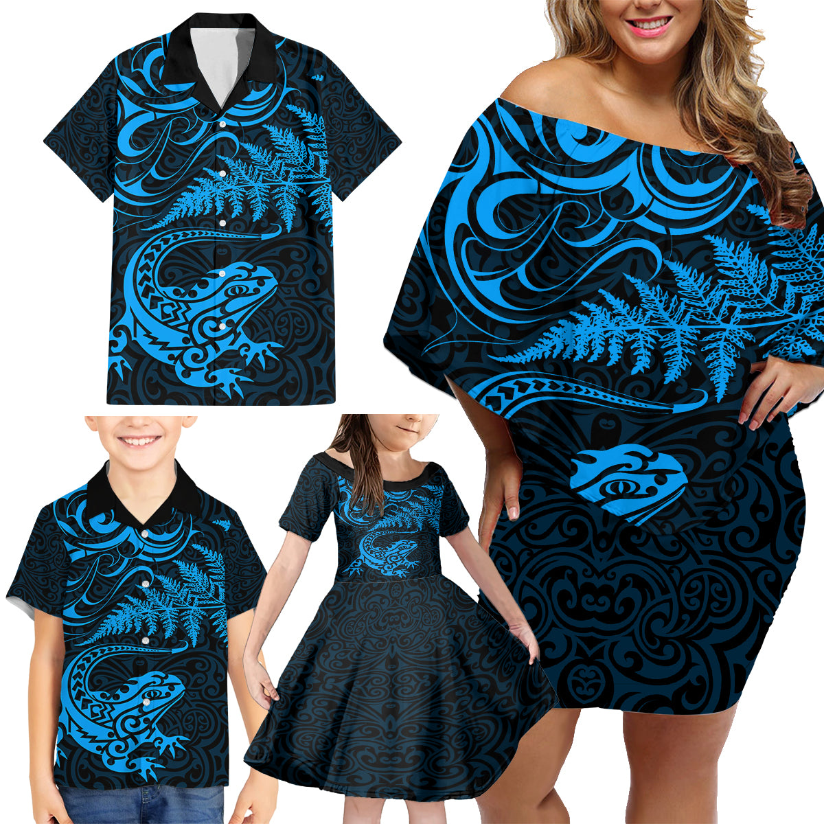 New Zealand Tuatara Tribal Tattoo Family Matching Off Shoulder Short Dress and Hawaiian Shirt Silver Fern and Maori Pattern Blue Color