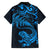 New Zealand Tuatara Tribal Tattoo Family Matching Off Shoulder Short Dress and Hawaiian Shirt Silver Fern and Maori Pattern Blue Color