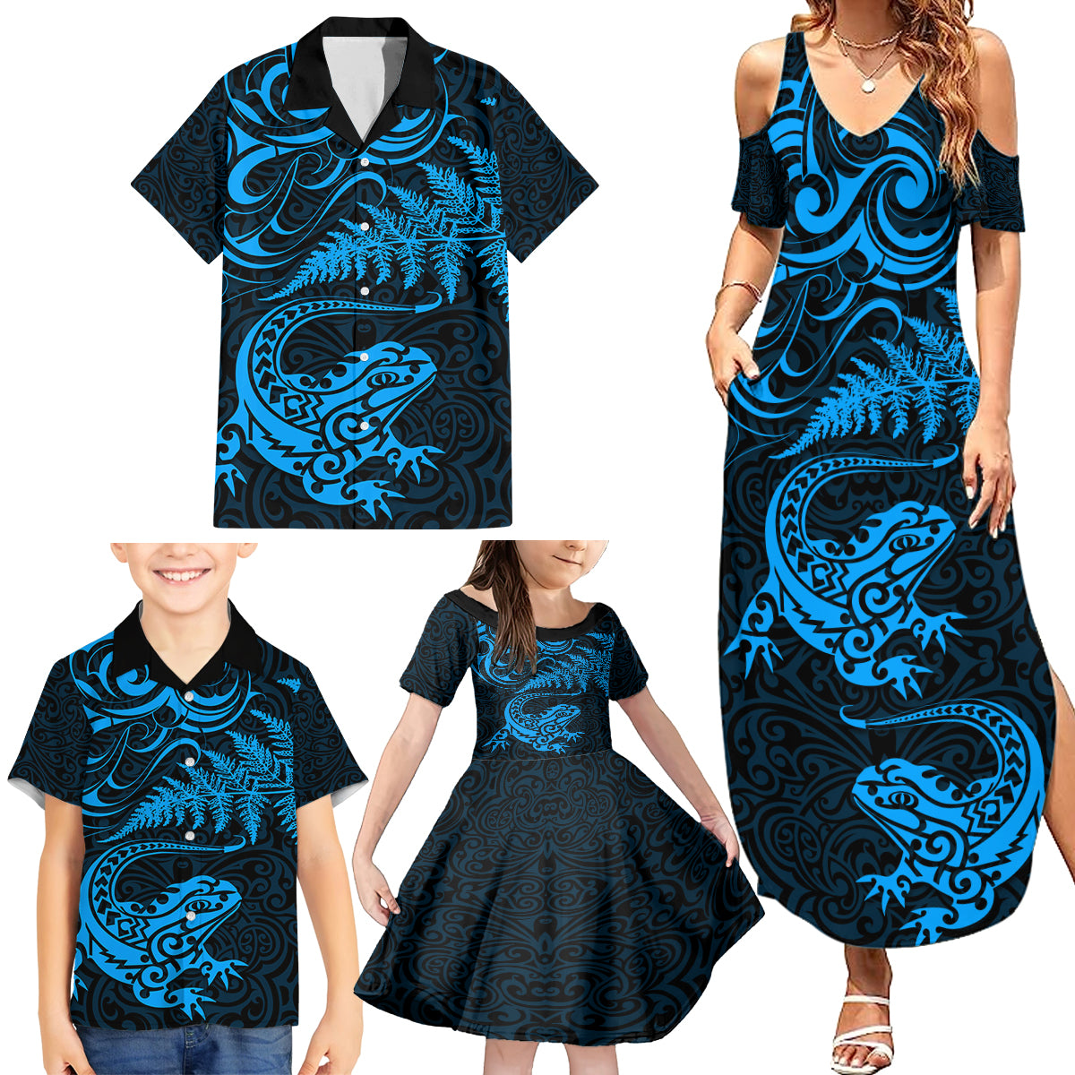 New Zealand Tuatara Tribal Tattoo Family Matching Summer Maxi Dress and Hawaiian Shirt Silver Fern and Maori Pattern Blue Color