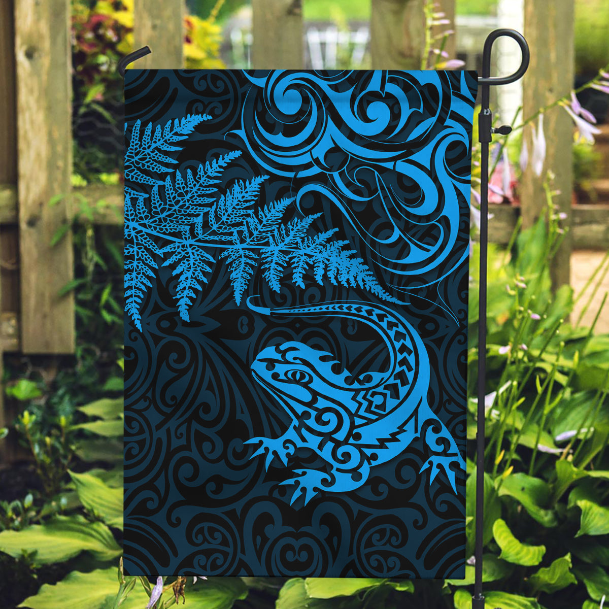 New Zealand Tuatara Tribal Tattoo Garden Flag Silver Fern and Maori Pattern Blue Color