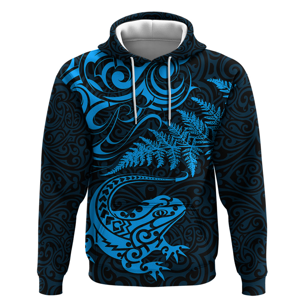 New Zealand Tuatara Tribal Tattoo Hoodie Silver Fern and Maori Pattern Blue Color