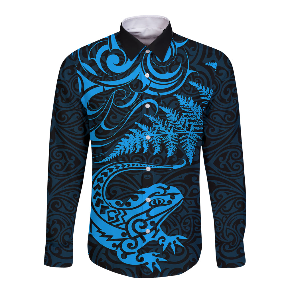 New Zealand Tuatara Tribal Tattoo Long Sleeve Button Shirt Silver Fern and Maori Pattern Blue Color