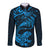 New Zealand Tuatara Tribal Tattoo Long Sleeve Button Shirt Silver Fern and Maori Pattern Blue Color