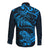 New Zealand Tuatara Tribal Tattoo Long Sleeve Button Shirt Silver Fern and Maori Pattern Blue Color