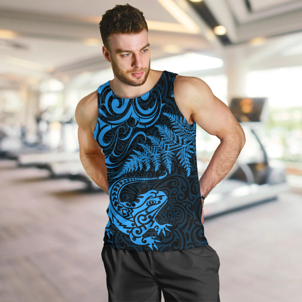 New Zealand Tuatara Tribal Tattoo Men Tank Top Silver Fern and Maori Pattern Blue Color