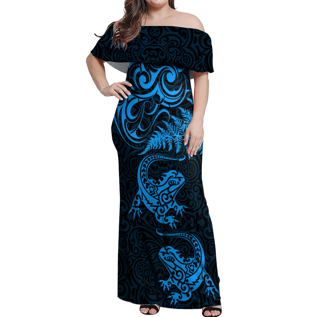 New Zealand Tuatara Tribal Tattoo Off Shoulder Maxi Dress Silver Fern and Maori Pattern Blue Color