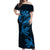 New Zealand Tuatara Tribal Tattoo Off Shoulder Maxi Dress Silver Fern and Maori Pattern Blue Color