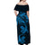 New Zealand Tuatara Tribal Tattoo Off Shoulder Maxi Dress Silver Fern and Maori Pattern Blue Color