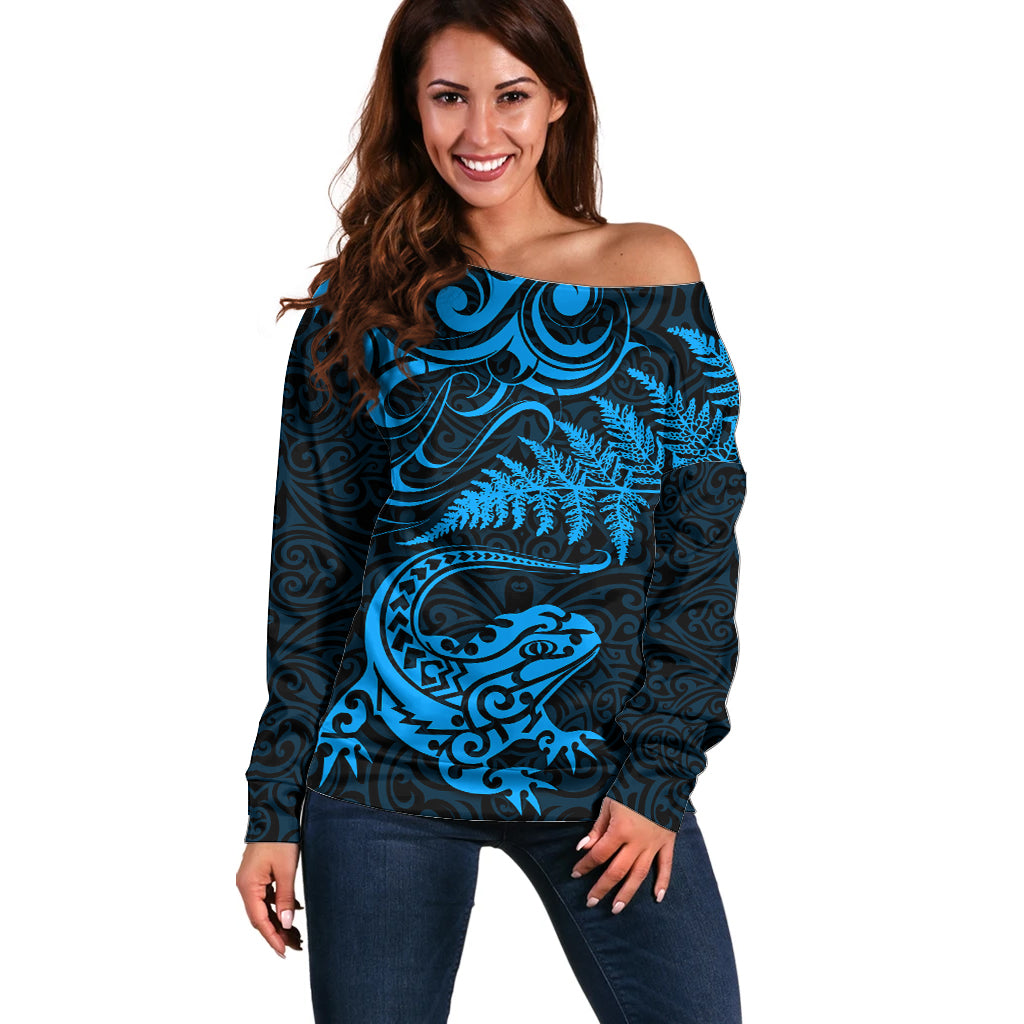 New Zealand Tuatara Tribal Tattoo Off Shoulder Sweater Silver Fern and Maori Pattern Blue Color LT03 Women Blue - Polynesian Pride