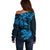 New Zealand Tuatara Tribal Tattoo Off Shoulder Sweater Silver Fern and Maori Pattern Blue Color