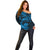 New Zealand Tuatara Tribal Tattoo Off Shoulder Sweater Silver Fern and Maori Pattern Blue Color