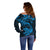 New Zealand Tuatara Tribal Tattoo Off Shoulder Sweater Silver Fern and Maori Pattern Blue Color