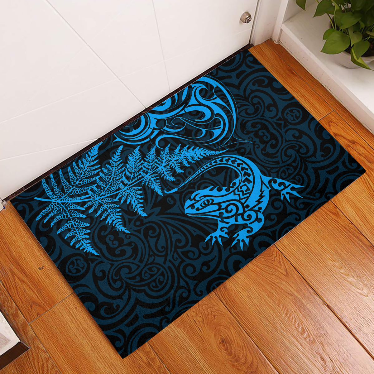 New Zealand Tuatara Tribal Tattoo Rubber Doormat Silver Fern and Maori Pattern Blue Color