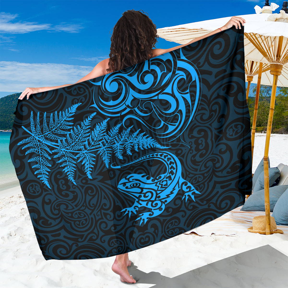 New Zealand Tuatara Tribal Tattoo Sarong Silver Fern and Maori Pattern Blue Color LT03 One Size 44 x 66 inches Blue - Polynesian Pride