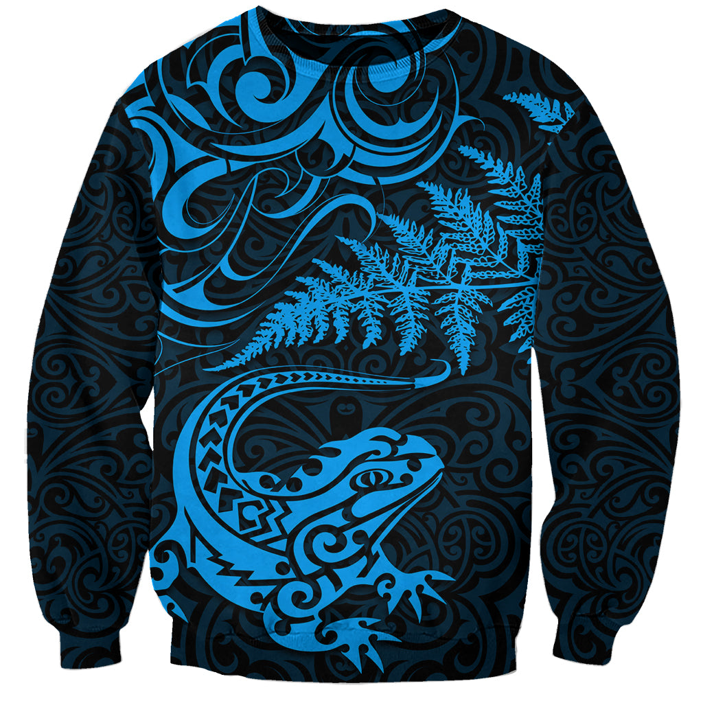 New Zealand Tuatara Tribal Tattoo Sweatshirt Silver Fern and Maori Pattern Blue Color