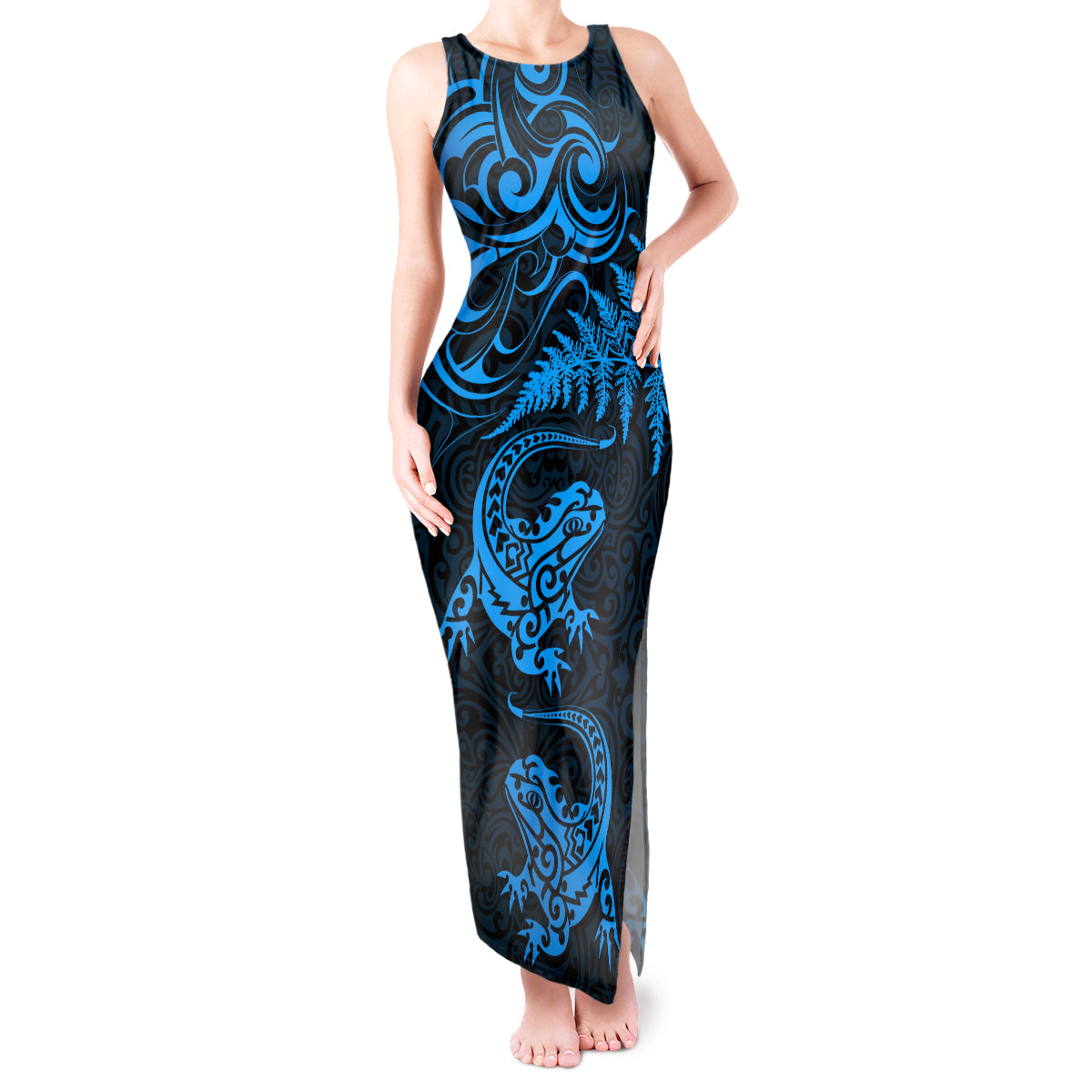 New Zealand Tuatara Tribal Tattoo Tank Maxi Dress Silver Fern and Maori Pattern Blue Color