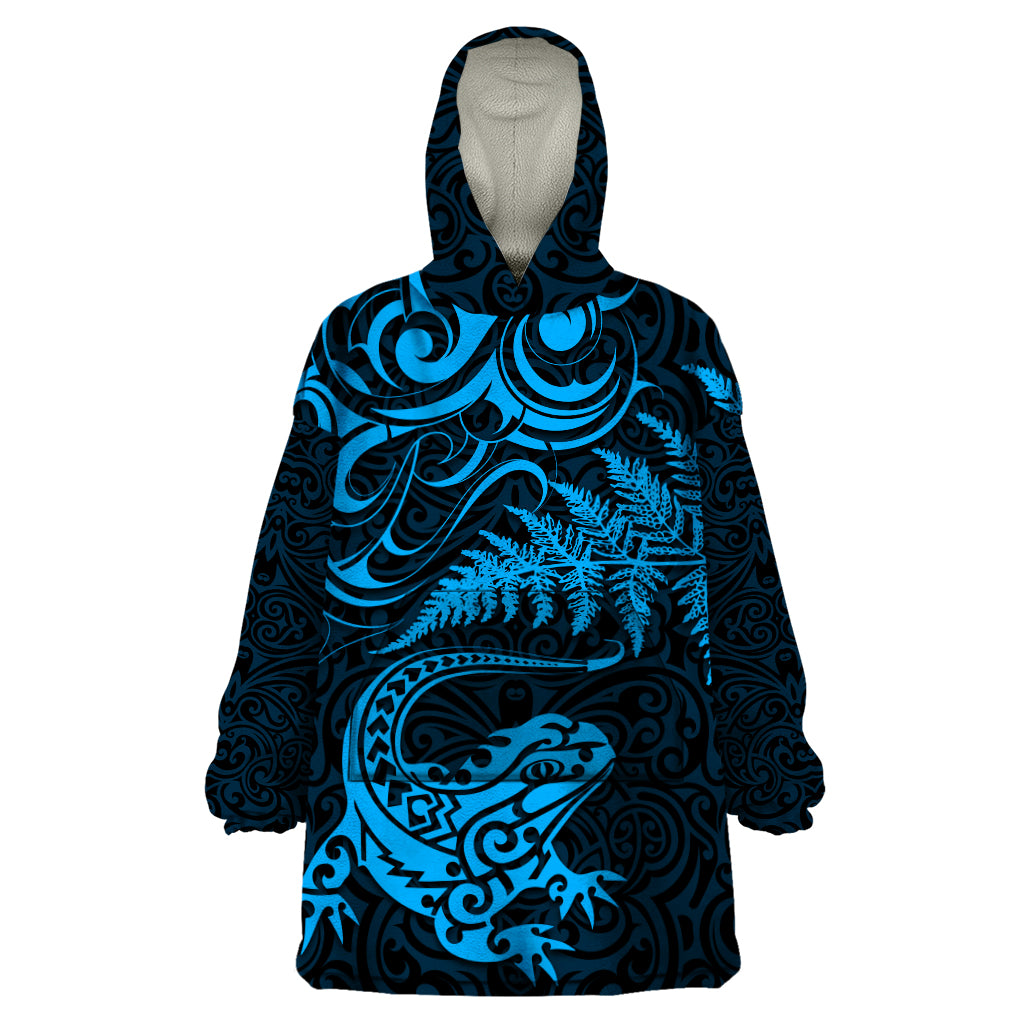 New Zealand Tuatara Tribal Tattoo Wearable Blanket Hoodie Silver Fern and Maori Pattern Blue Color