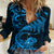 New Zealand Tuatara Tribal Tattoo Women Casual Shirt Silver Fern and Maori Pattern Blue Color