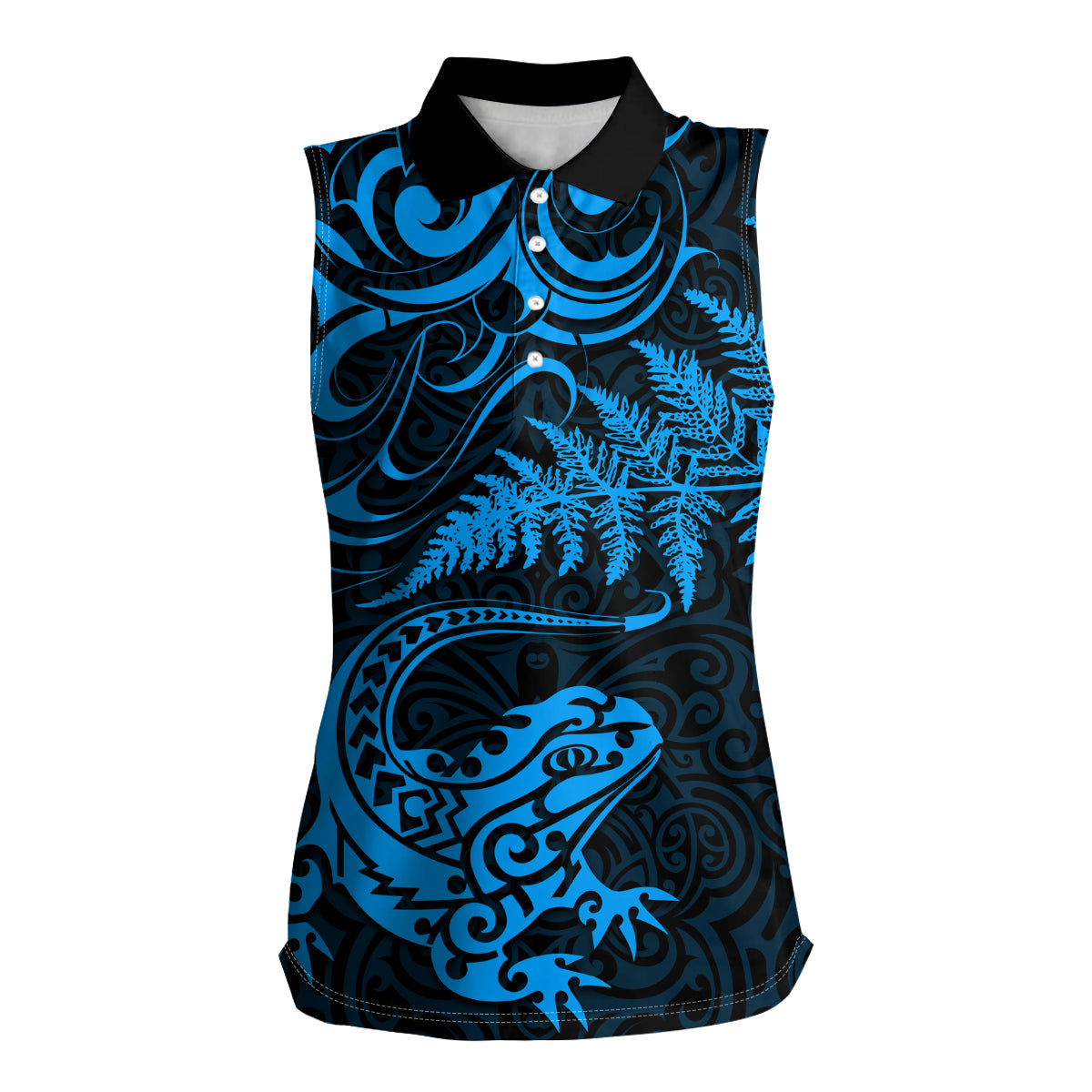 New Zealand Tuatara Tribal Tattoo Women Sleeveless Polo Shirt Silver Fern and Maori Pattern Blue Color