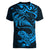 New Zealand Tuatara Tribal Tattoo Women V-Neck T-Shirt Silver Fern and Maori Pattern Blue Color