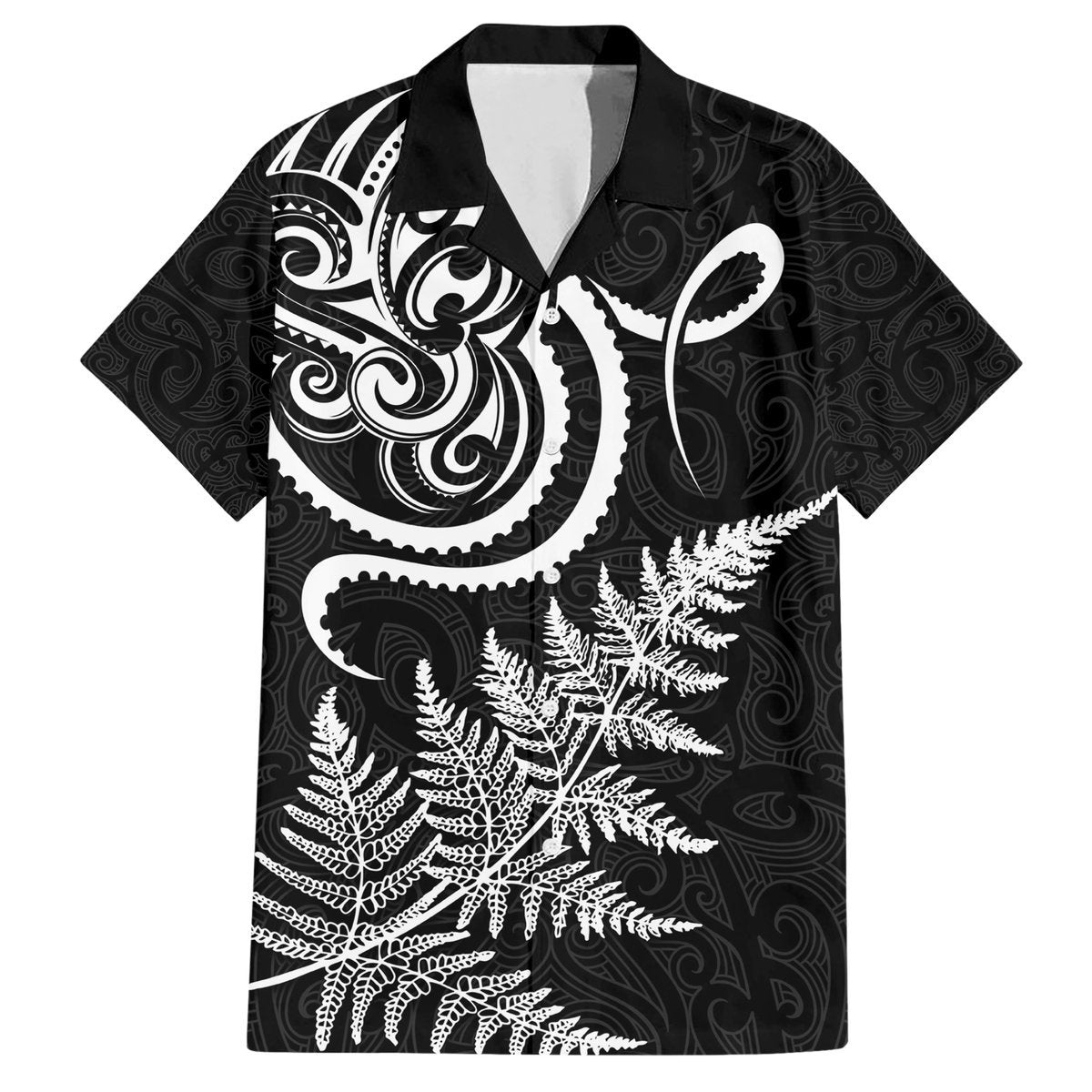 New Zealand Octopus Tattoo and Fern Hawaiian Shirt Maori Pattern LT03 Black - Polynesian Pride