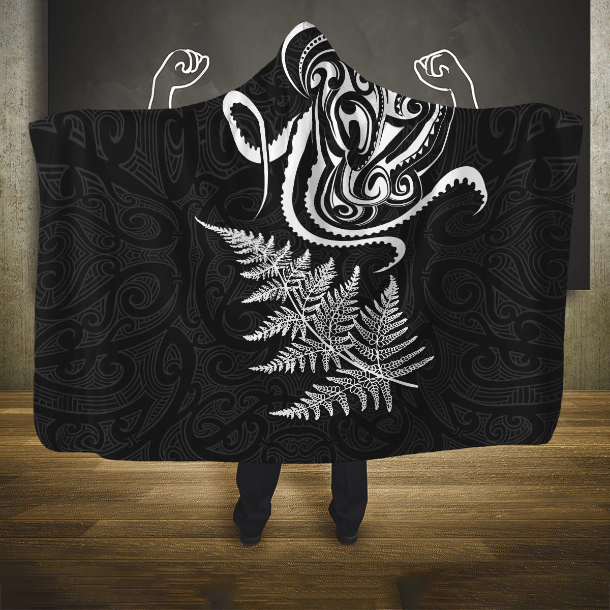 New Zealand Octopus Tattoo and Fern Hooded Blanket Maori Pattern