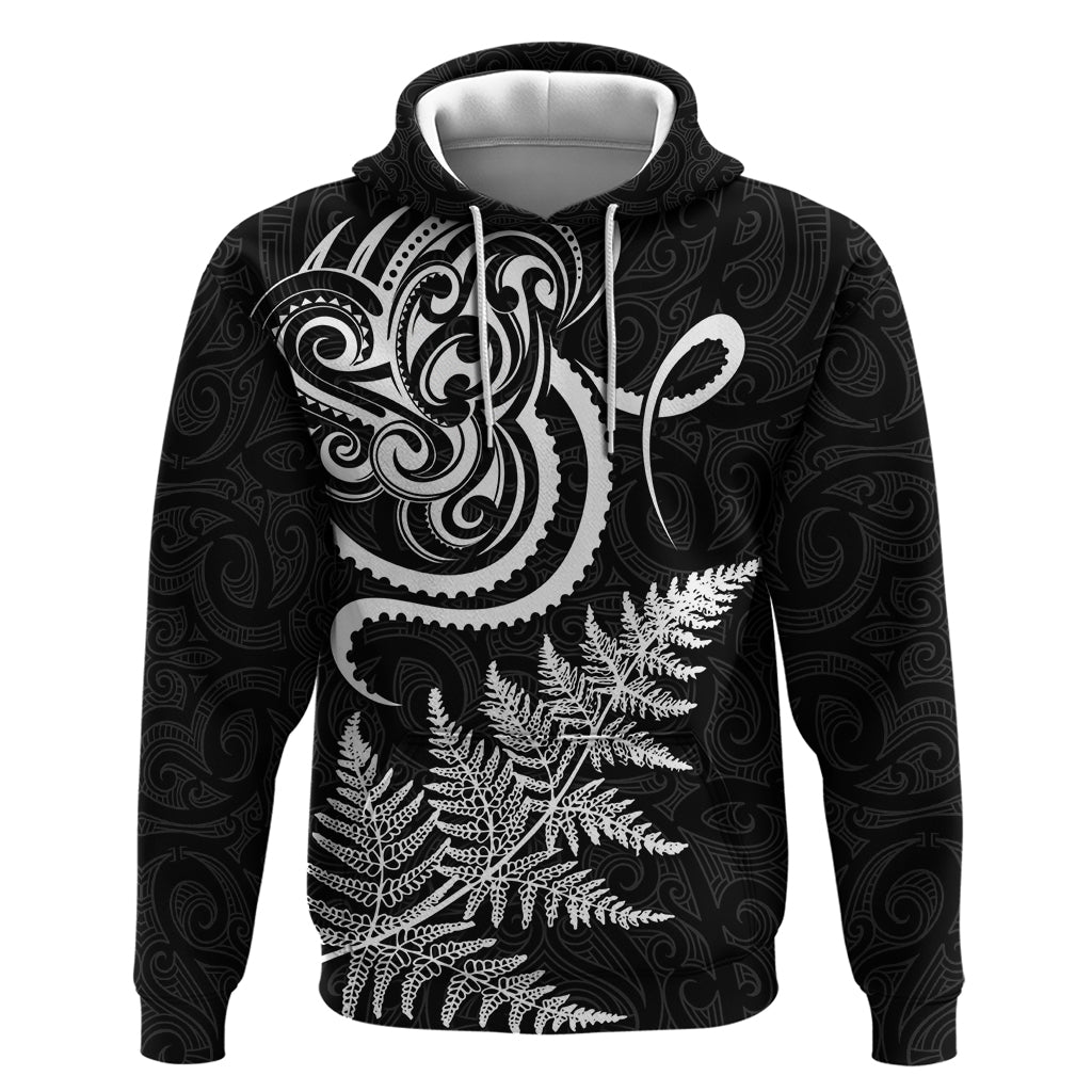 New Zealand Octopus Tattoo and Fern Hoodie Maori Pattern LT03 Pullover Hoodie Black - Polynesian Pride