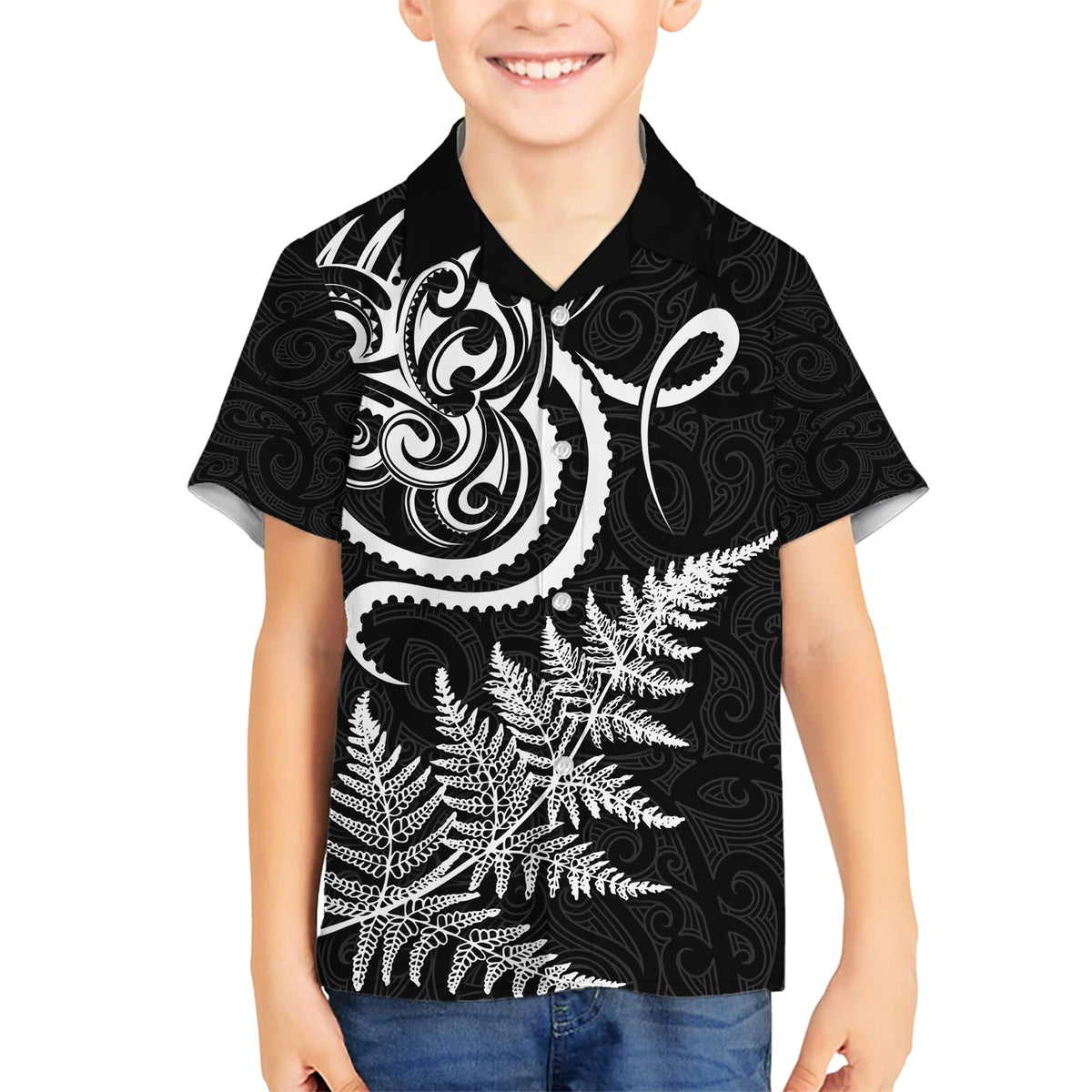 New Zealand Octopus Tattoo and Fern Kid Hawaiian Shirt Maori Pattern LT03 Kid Black - Polynesian Pride