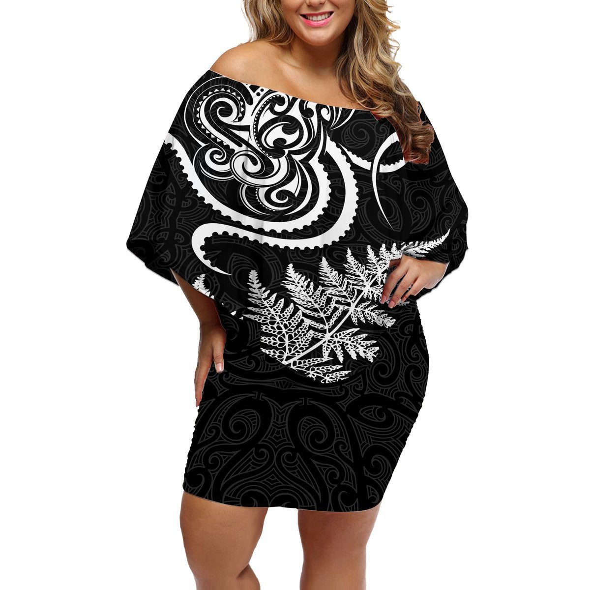 New Zealand Octopus Tattoo and Fern Off Shoulder Short Dress Maori Pattern LT03 Women Black - Polynesian Pride