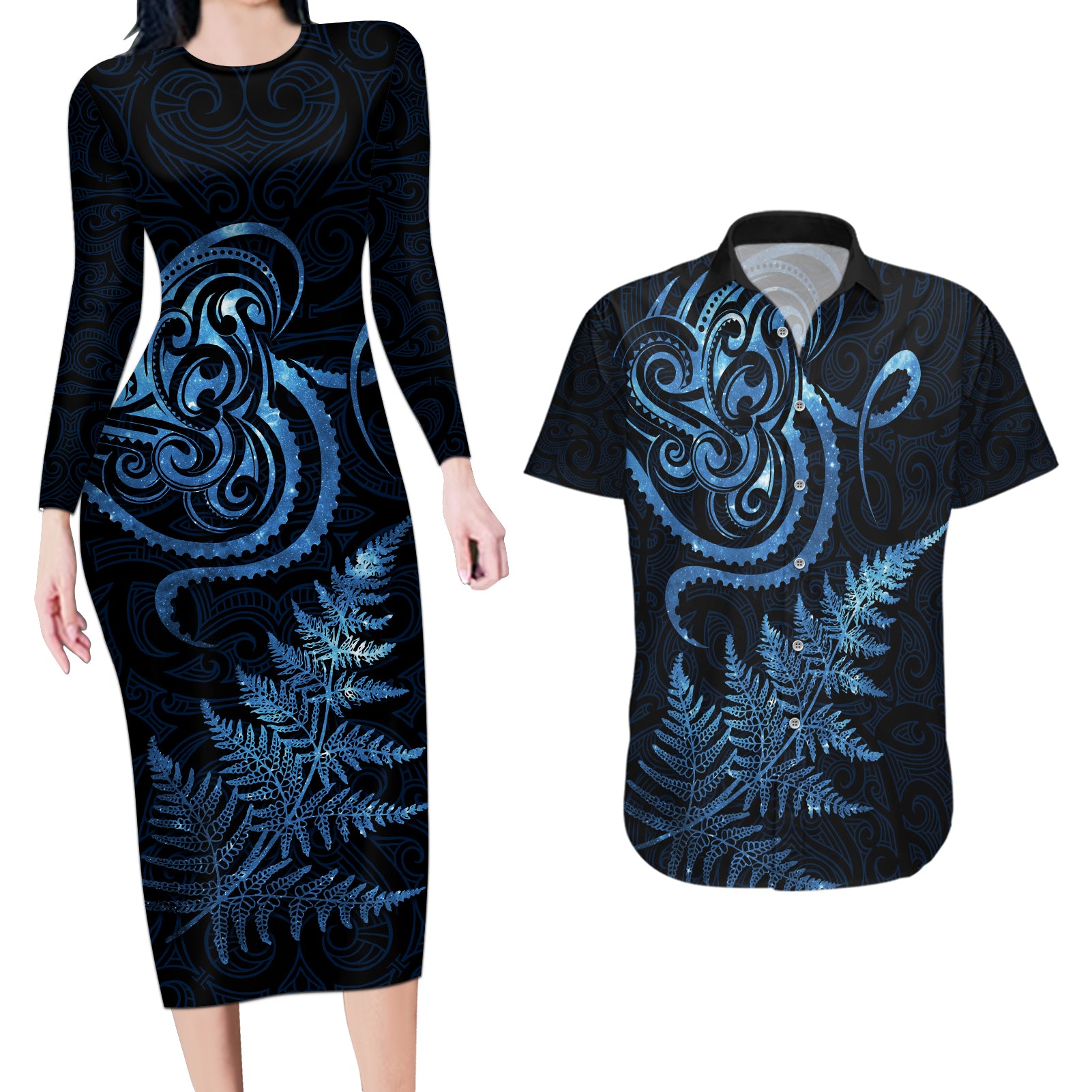 New Zealand Octopus Tattoo and Fern Couples Matching Long Sleeve Bodycon Dress and Hawaiian Shirt Maori Pattern Matariki Style