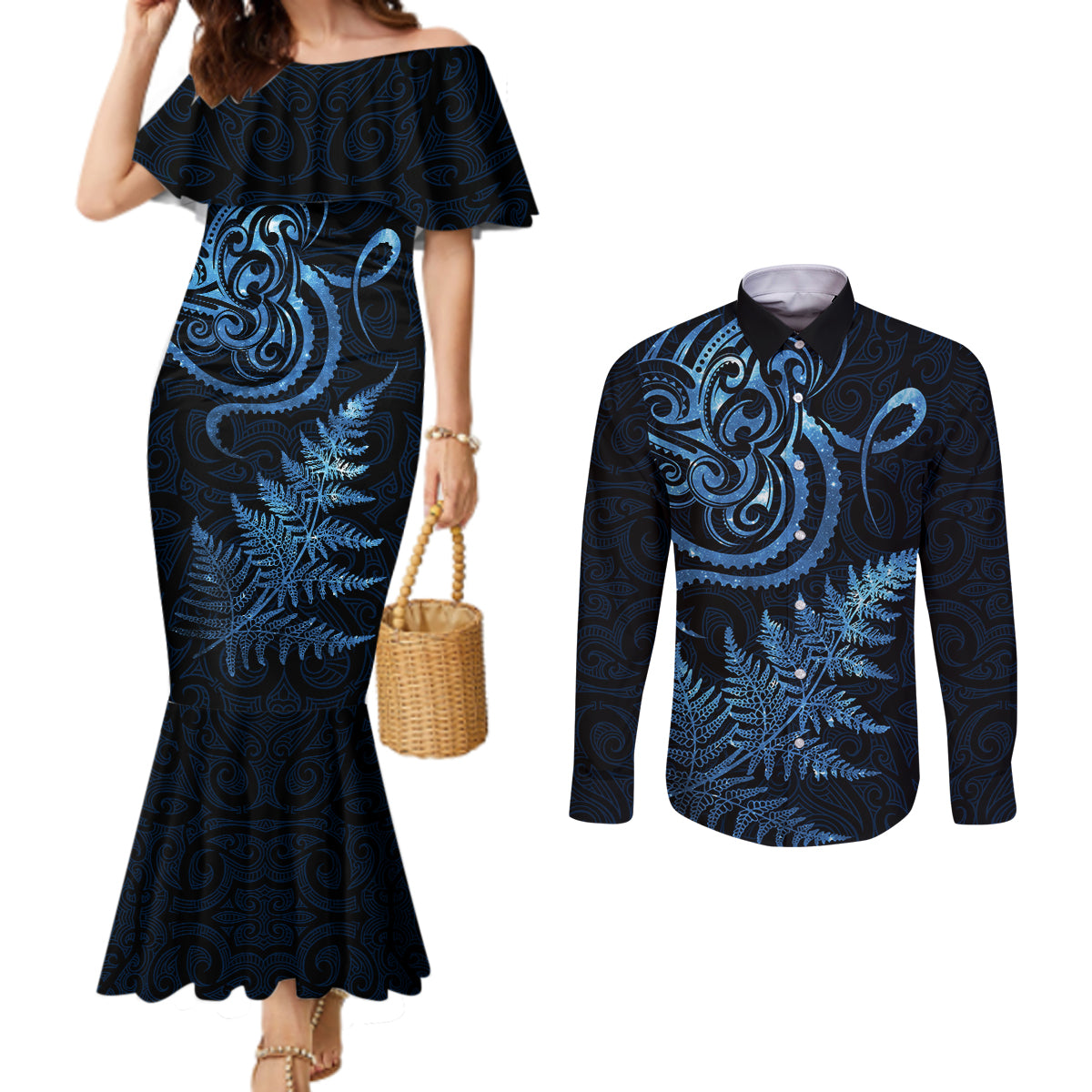 New Zealand Octopus Tattoo and Fern Couples Matching Mermaid Dress and Long Sleeve Button Shirt Maori Pattern Matariki Style