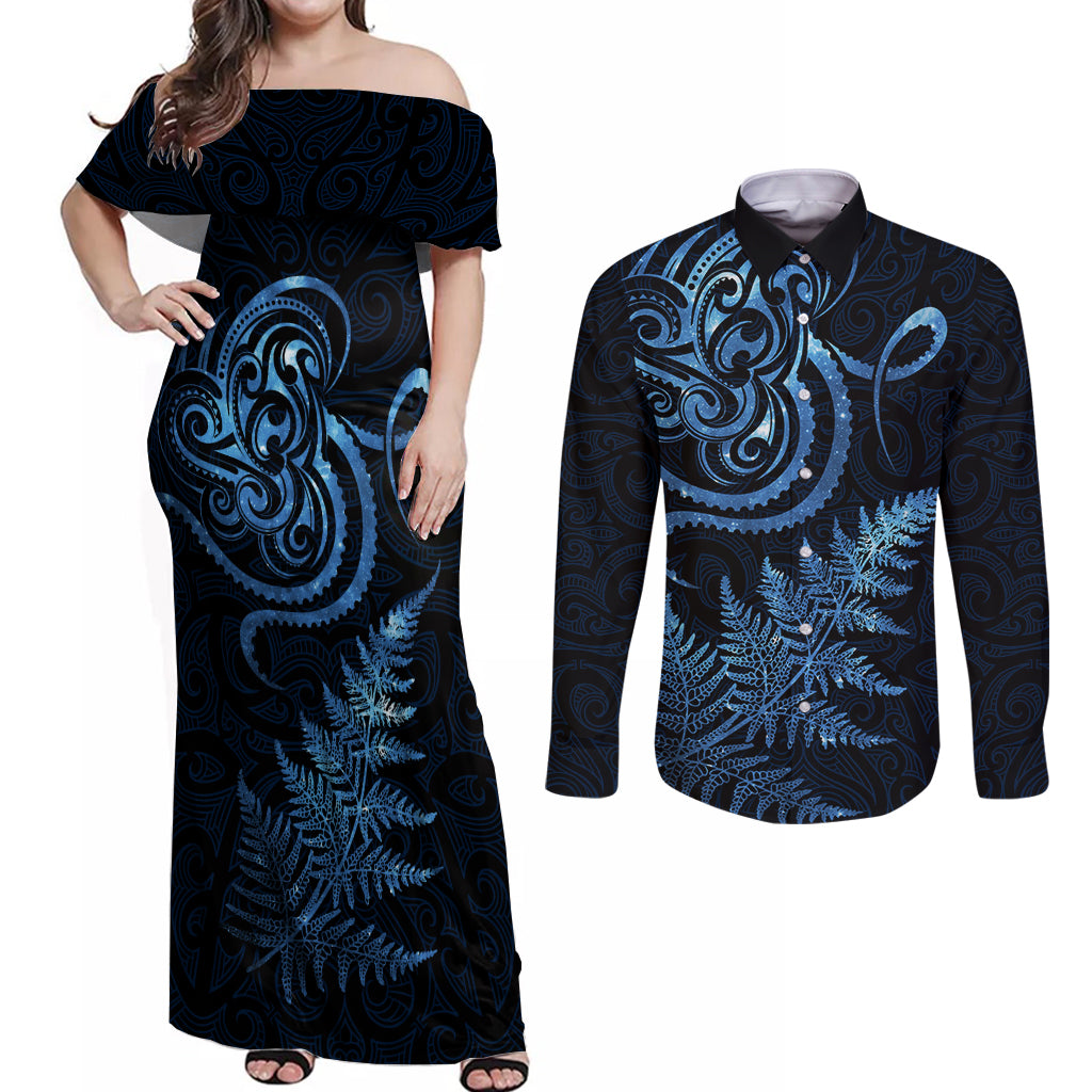 New Zealand Octopus Tattoo and Fern Couples Matching Off Shoulder Maxi Dress and Long Sleeve Button Shirt Maori Pattern Matariki Style