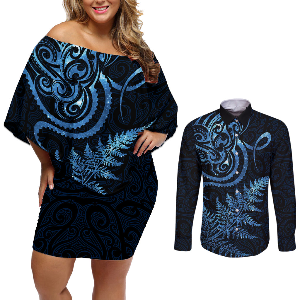 New Zealand Octopus Tattoo and Fern Couples Matching Off Shoulder Short Dress and Long Sleeve Button Shirt Maori Pattern Matariki Style