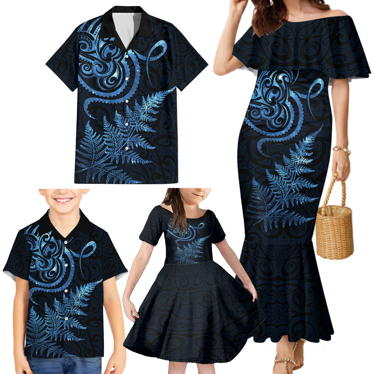 New Zealand Octopus Tattoo and Fern Family Matching Mermaid Dress and Hawaiian Shirt Maori Pattern Matariki Style