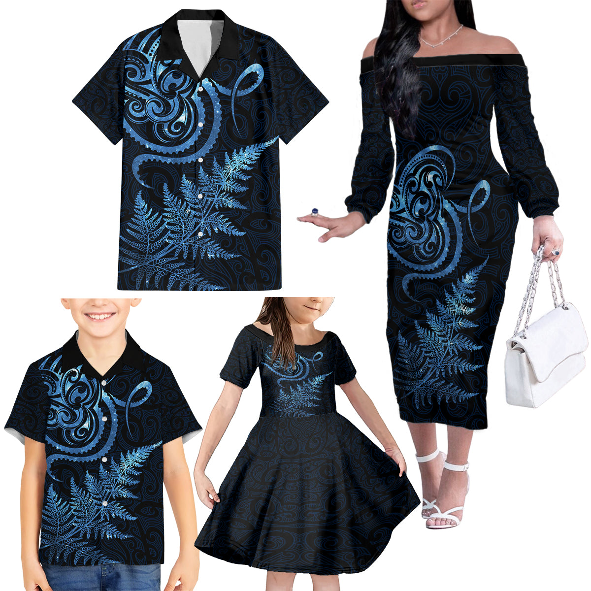 New Zealand Octopus Tattoo and Fern Family Matching Off The Shoulder Long Sleeve Dress and Hawaiian Shirt Maori Pattern Matariki Style