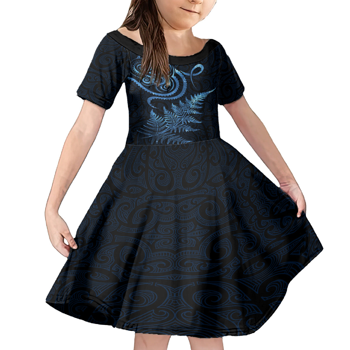 New Zealand Octopus Tattoo and Fern Kid Short Sleeve Dress Maori Pattern Matariki Style