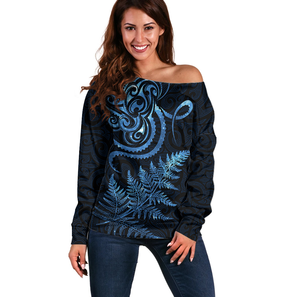 New Zealand Octopus Tattoo and Fern Off Shoulder Sweater Maori Pattern Matariki Style LT03 Women Blue - Polynesian Pride