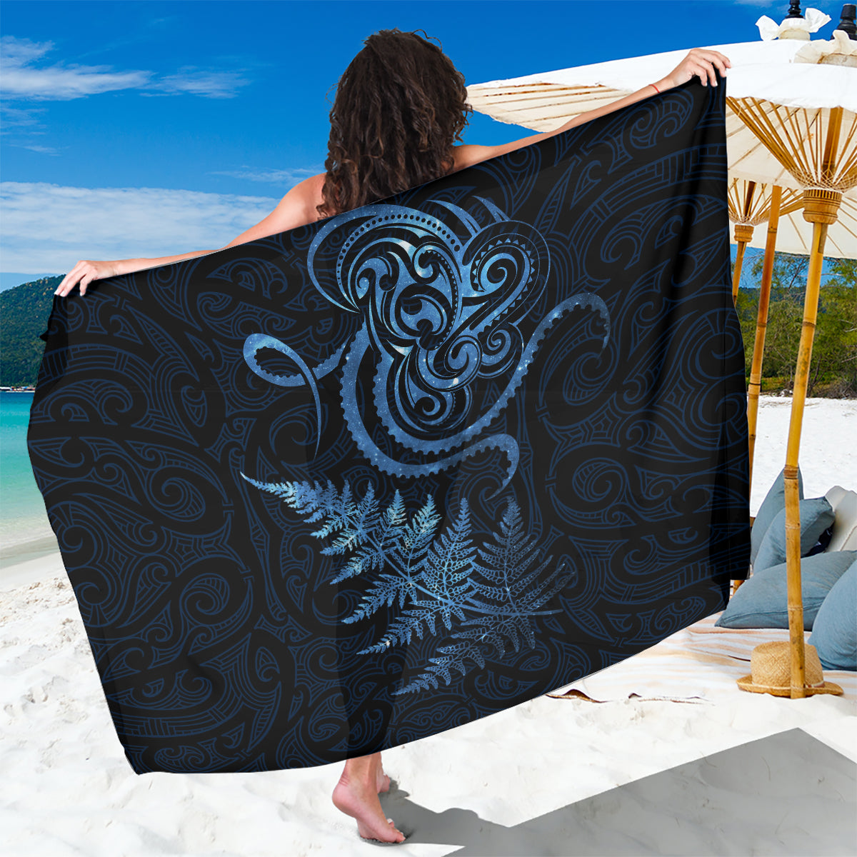 New Zealand Octopus Tattoo and Fern Sarong Maori Pattern Matariki Style LT03 One Size 44 x 66 inches Blue - Polynesian Pride