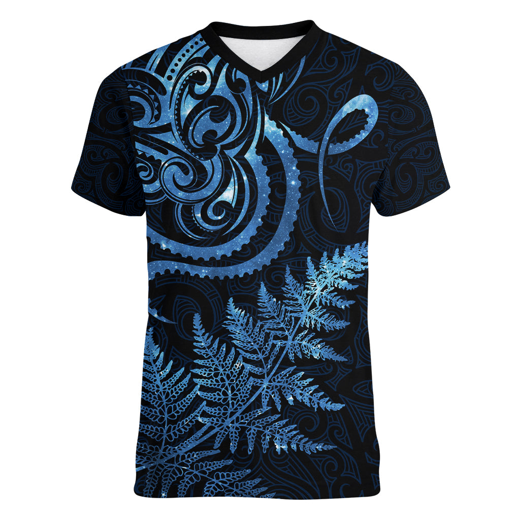 New Zealand Octopus Tattoo and Fern Women V-Neck T-Shirt Maori Pattern Matariki Style