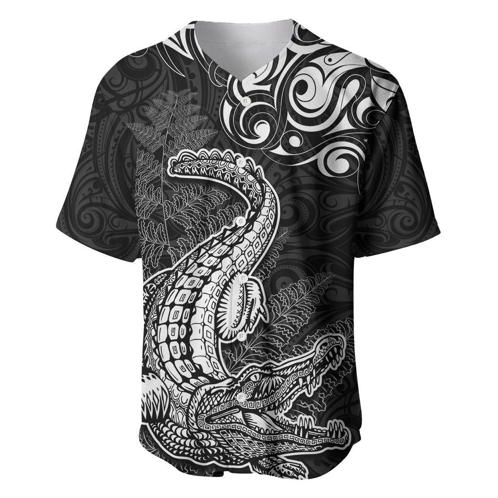 New Zealand Crocodile Tattoo and Fern Baseball Jersey Maori Pattern LT03 Black - Polynesian Pride