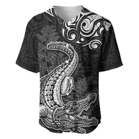 New Zealand Crocodile Tattoo and Fern Baseball Jersey Maori Pattern LT03 Black - Polynesian Pride