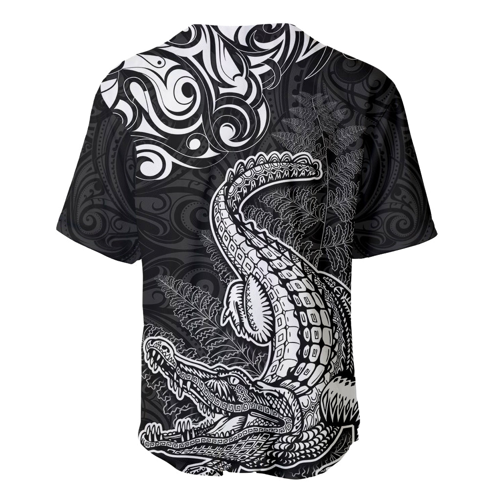 New Zealand Crocodile Tattoo and Fern Baseball Jersey Maori Pattern LT03 - Polynesian Pride