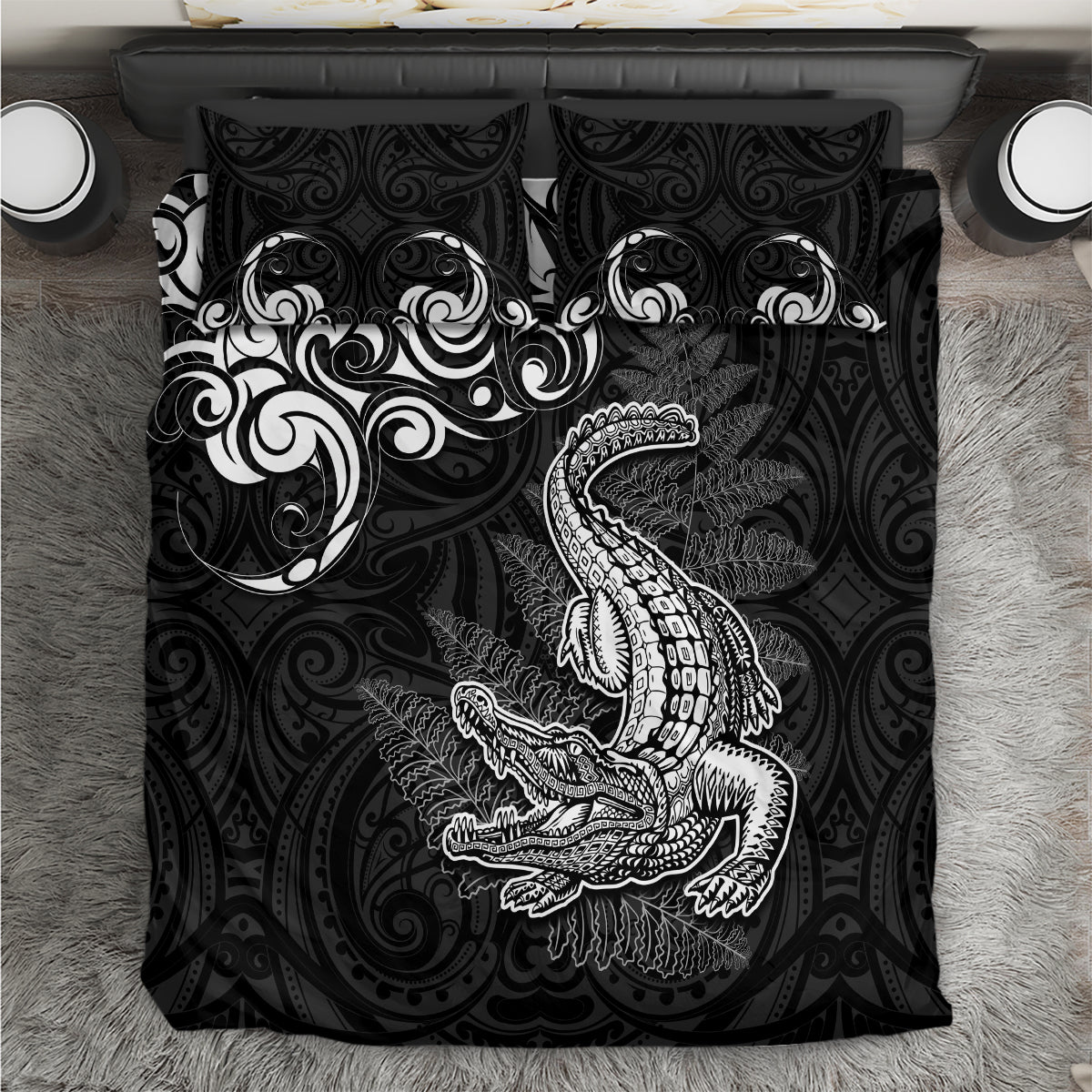 New Zealand Crocodile Tattoo and Fern Bedding Set Maori Pattern LT03 Black - Polynesian Pride